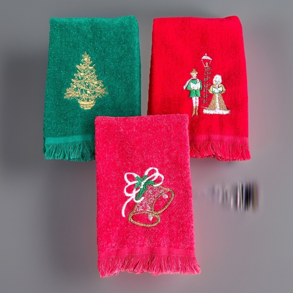 VTG Cannon Green Santa Claus Embroidered Hand Towel Set Of 3 Made In USA - Picture 3 of 11